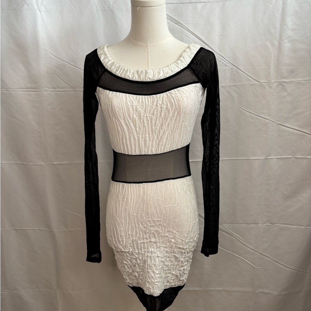 Y2K Constance Black & White Mesh Bodycon Dress Medium‎ | Sheer Panel 2000s Club